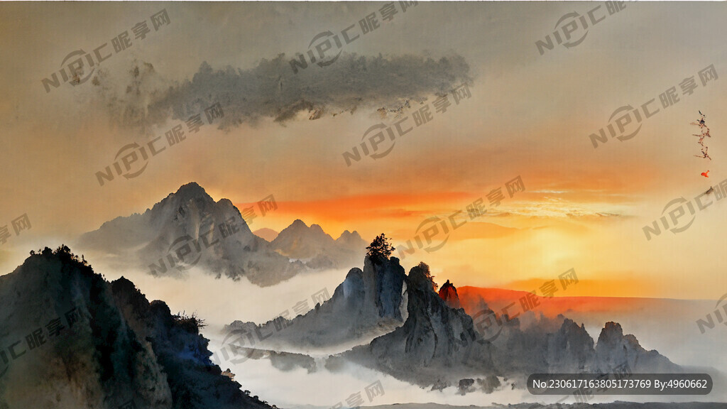 大山流水早起太阳人家风景画巨幅