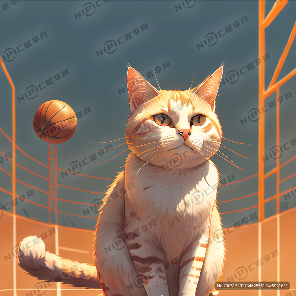 一只猫 在篮球场 全身像