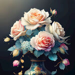 七彩玫瑰花插在花瓶里，花瓣有水珠，游戏梦幻唯美新中式风景，超高清，细节刻画，沐浴在花瓣里满天花瓣，飘渺电影般环境，明亮清晰