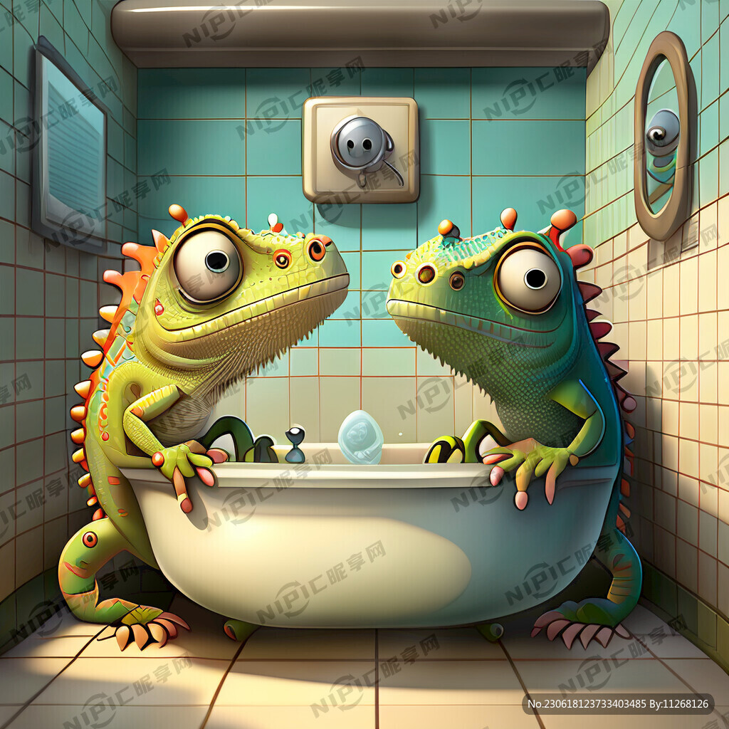 两只卡通变色龙在浴室洗澡