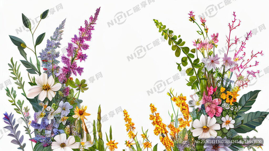 白色背景一横排很多花束植物左高