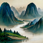 青山，中国画，千里江山图，山水，意境，高清。