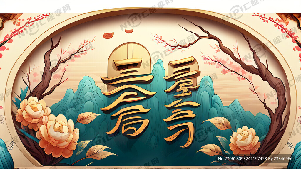 国潮人物恭喜发财背景墙画