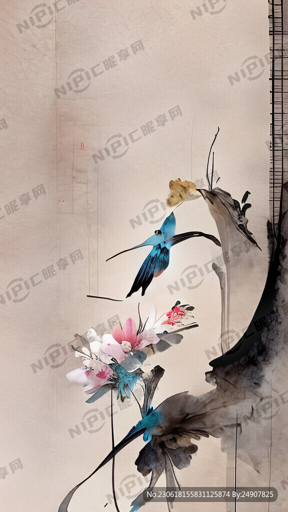 中国风花鸟古琴