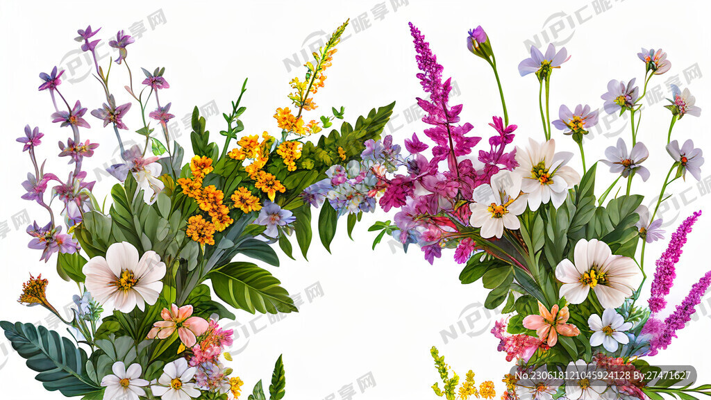 白色背景一横排很多花束植物左高