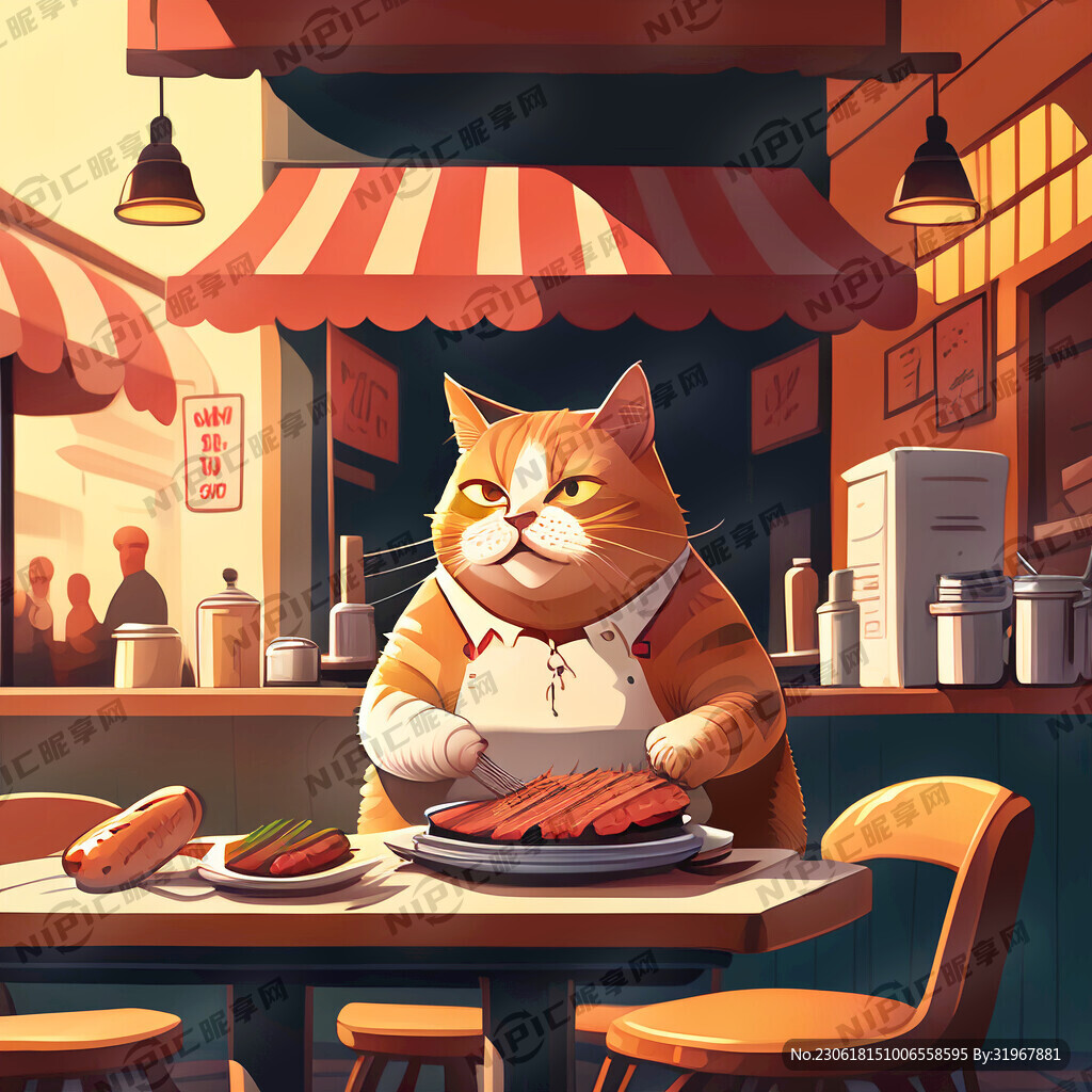 餐厅背景一只猫在吃烧烤设计