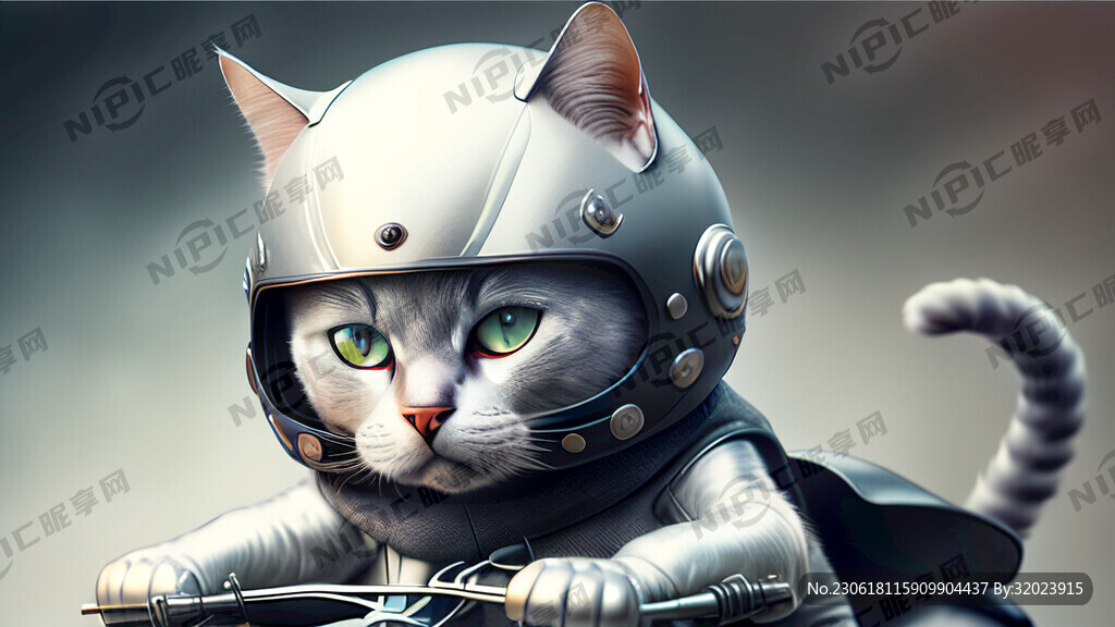 一只银渐层猫咪戴着头盔骑着摩托