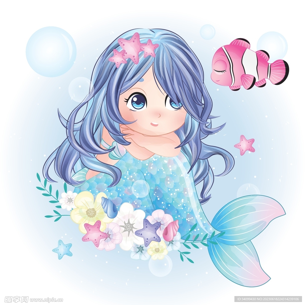 可爱的小卡通美人鱼有长长的蓝色头发和粉红色鱼尾。手绘矢量插图涂色书，贴纸，衬衫，卡片。插画图片素材_ID:428113512-Veer图库