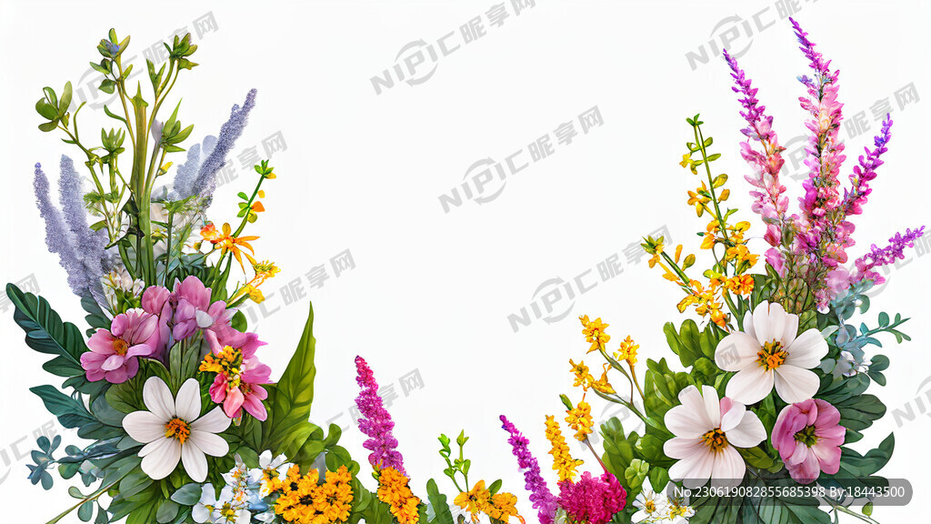 白色背景一横排很多花束植物左高
