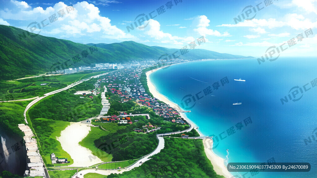 女孩 海边 天空 山 二次元