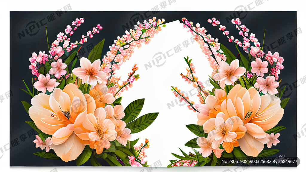 桃花白色背景一横排很多花束植物