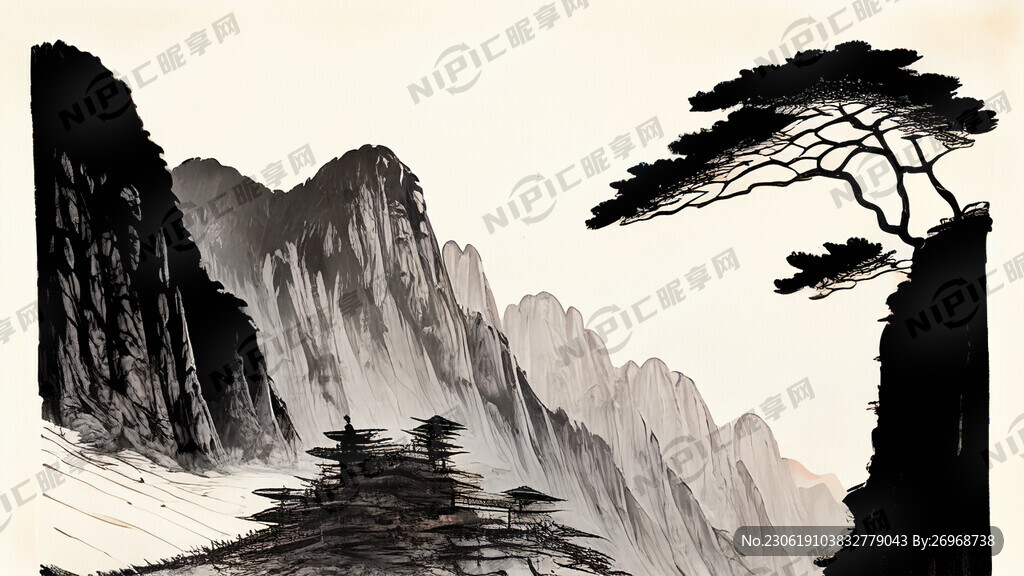 太行山大场景 黑白 线条版画