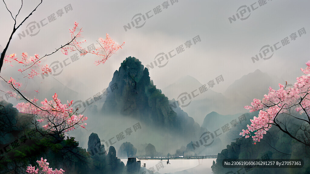 远景朦胧山峰 近景江南小院白色
