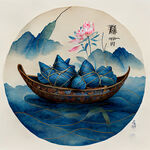 端午节，龙舟，粽子，花纹底，蓝色，中国风