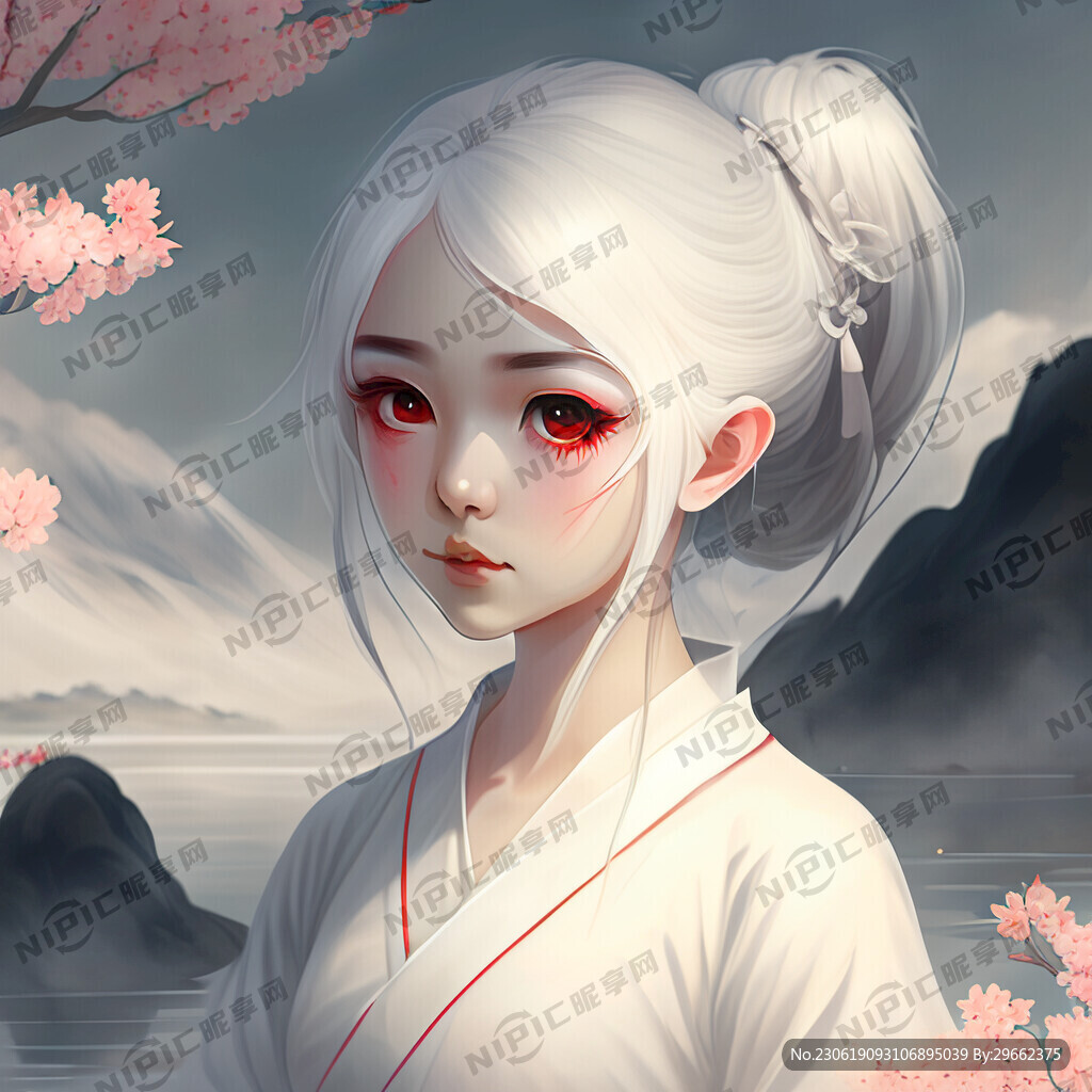 白发 少女 唐装 桃花 白皮肤