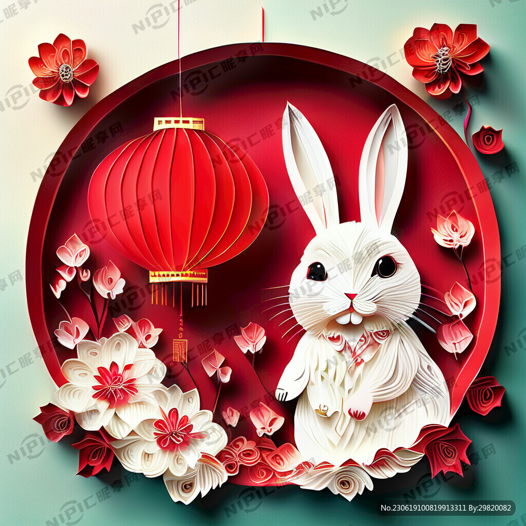衍纸艺术 春节 可爱兔子 红梅