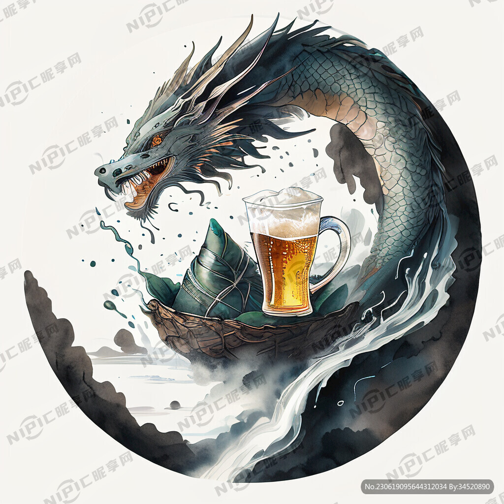 国潮插画从啤酒里冒出一团水流水