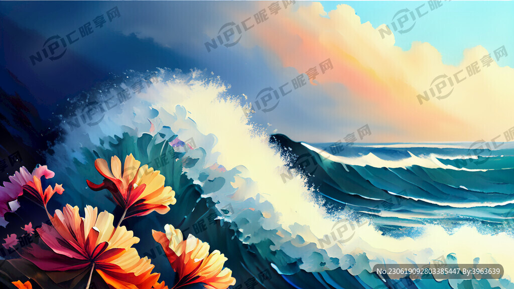 油画 海浪 花 色彩丰富