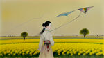 油菜花田，一个女生在放风筝，小清新