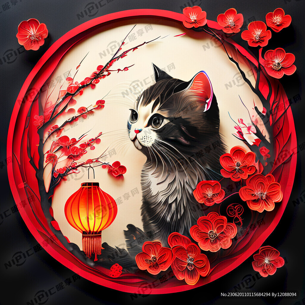 衍纸艺术 春节 可爱猫咪 红梅