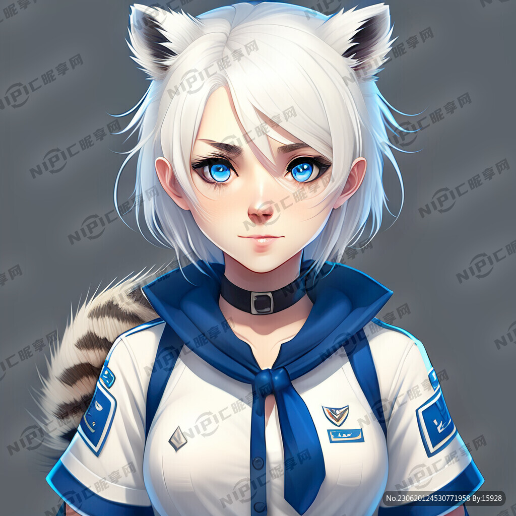 白蓝相间制服 白头发 蓝眼睛