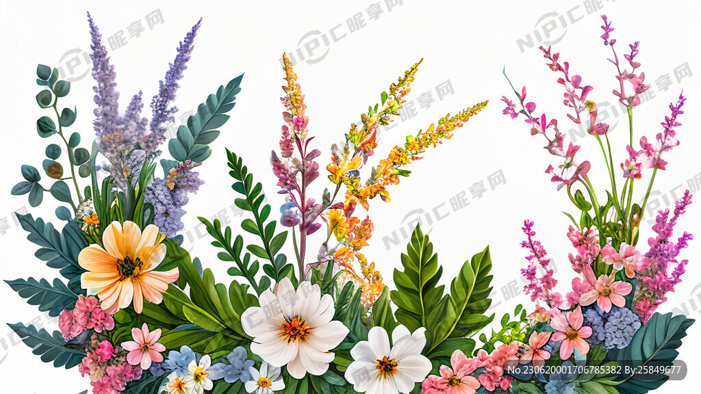 白色背景一横排很多花束植物左高