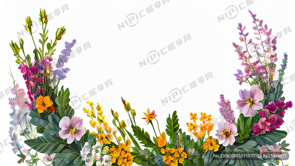 白色背景一横排很多花束植物左高