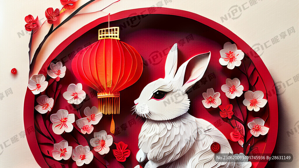 衍纸艺术 春节 可爱兔子 红梅