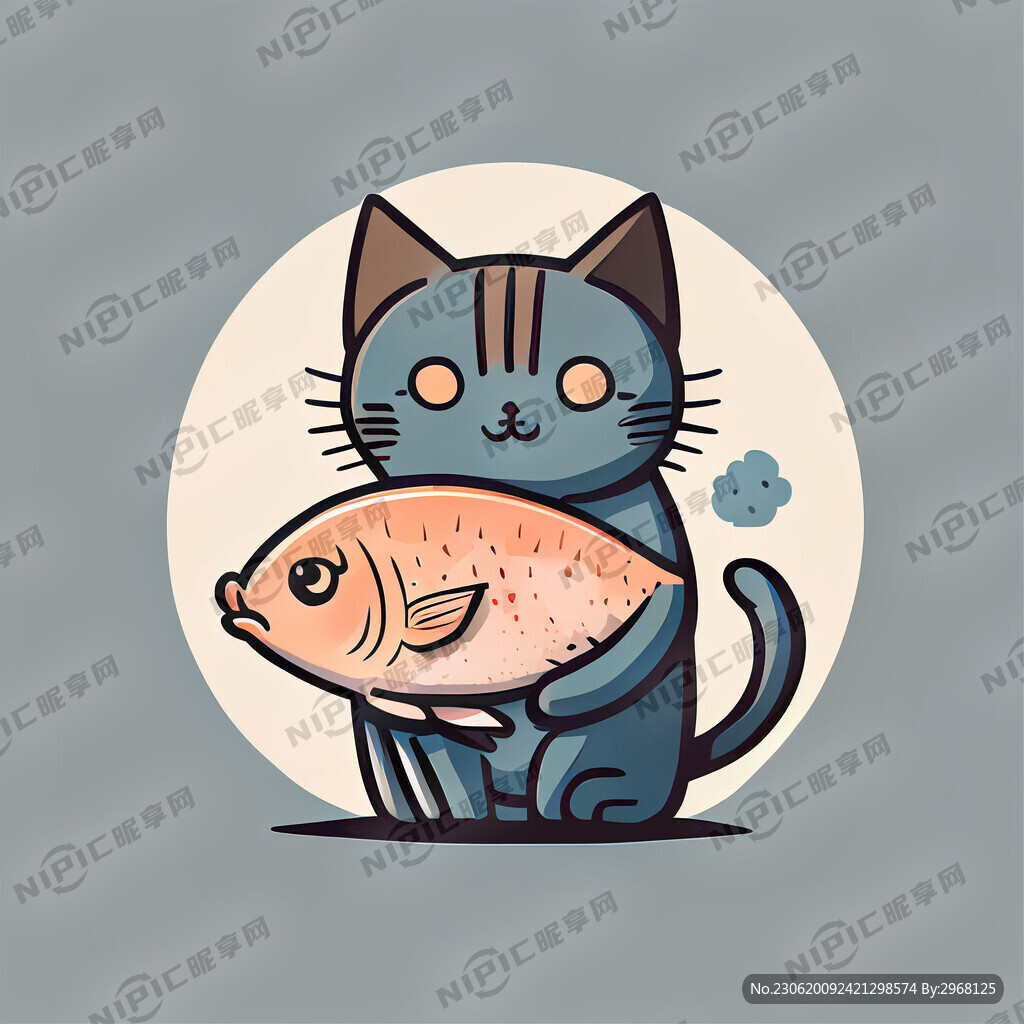 可爱的猫咪抱着一条鱼 极简风格