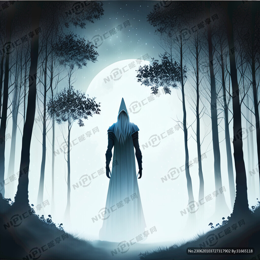 黑夜月光静谧森林白色悬空精灵背
