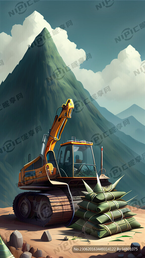 一台台挖掘机在用粽子堆成一座座