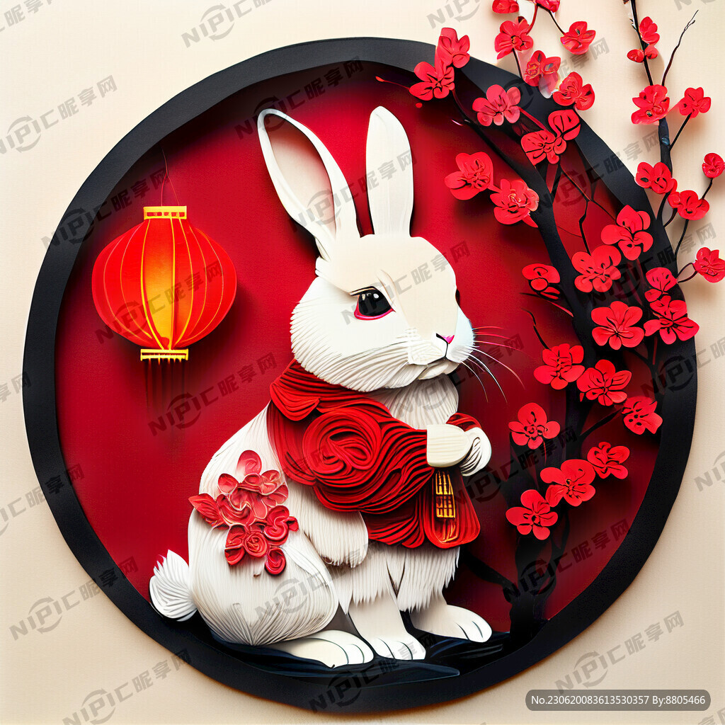 衍纸艺术 春节 可爱兔子 红梅
