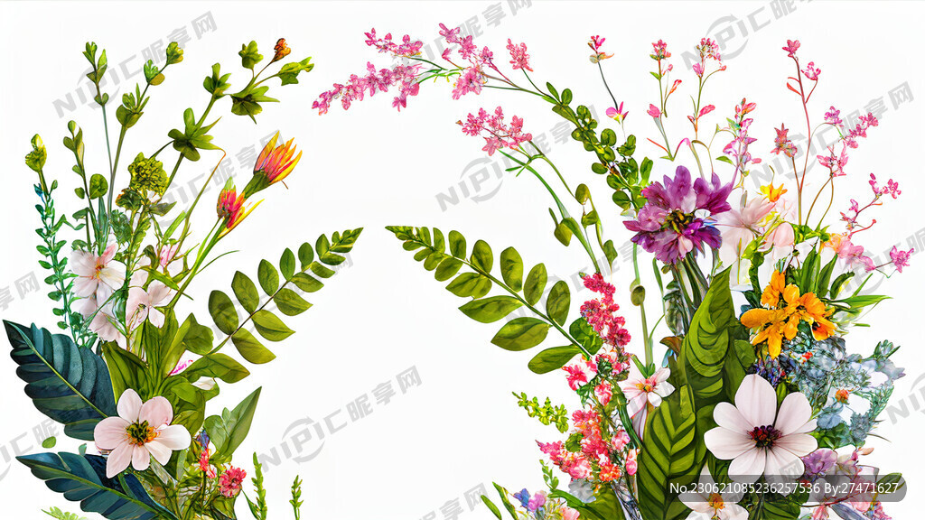白色背景一横排很多花束植物左高