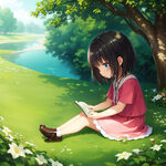 草地上戴着耳机看书的小女孩