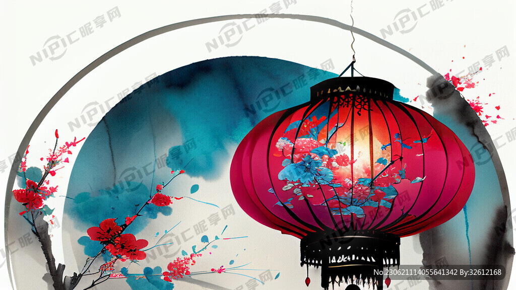 国潮中式舞台背景加红蓝色花艺加