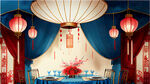 国潮中式婚礼舞台大场景加红蓝色花艺加布幔吊顶加灯笼道具加桌椅