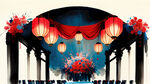 韩式婚礼舞台大场景加红蓝色花艺加红色吊顶加灯笼道具加桌椅加路引和路引灯笼道具加路引加红色花艺