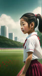开心的深圳小学生女孩，头戴小红花，扎着马尾辫，穿着夏装校服，在操场上迎面跑来