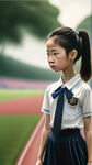开心的深圳小学生女孩，扎着马尾辫，穿着夏装校服，在操场上迎面走来，全身像