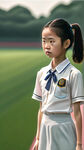 开心的深圳小学生女孩，扎着马尾辫，穿着夏装校服，在操场上迎面走来，全身照片