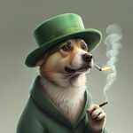 一只带着绿帽子叼着香烟的狗