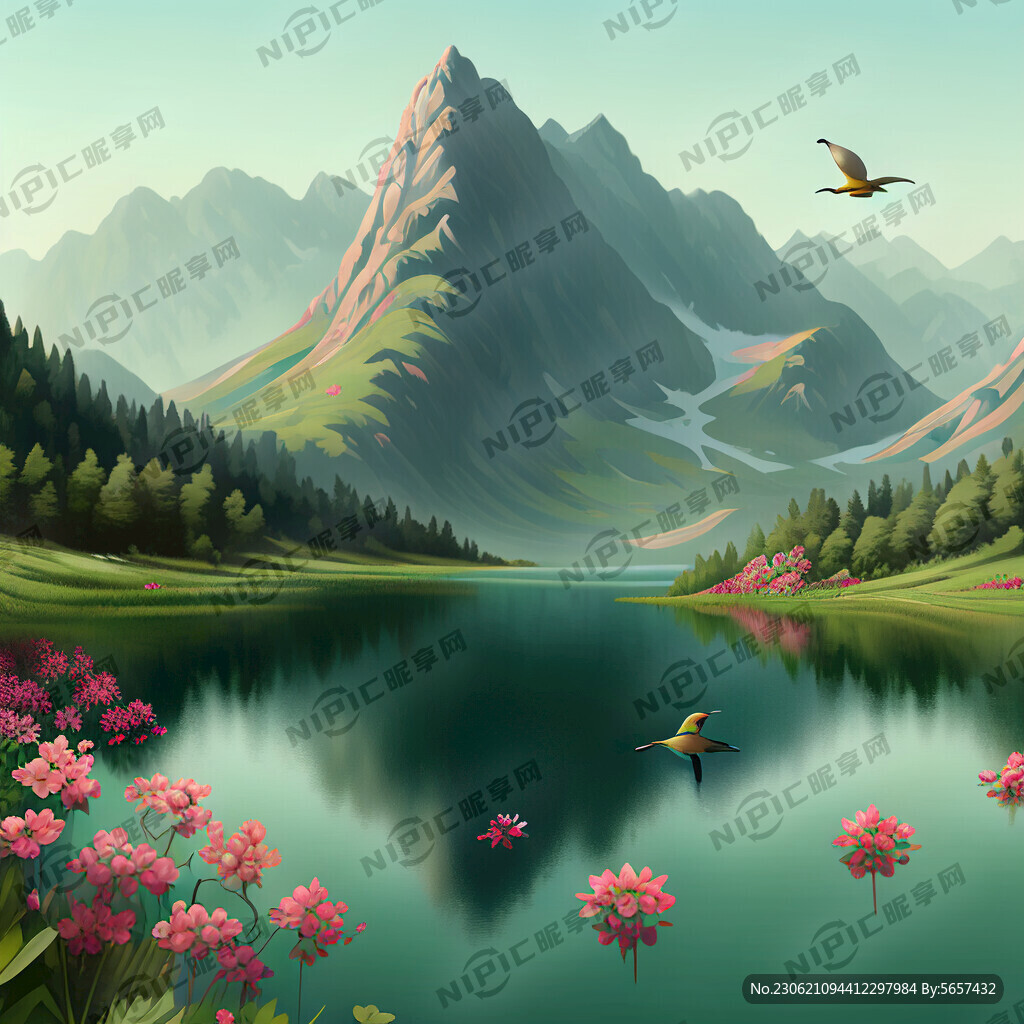 高山绿水鲜花湖泊小鸟