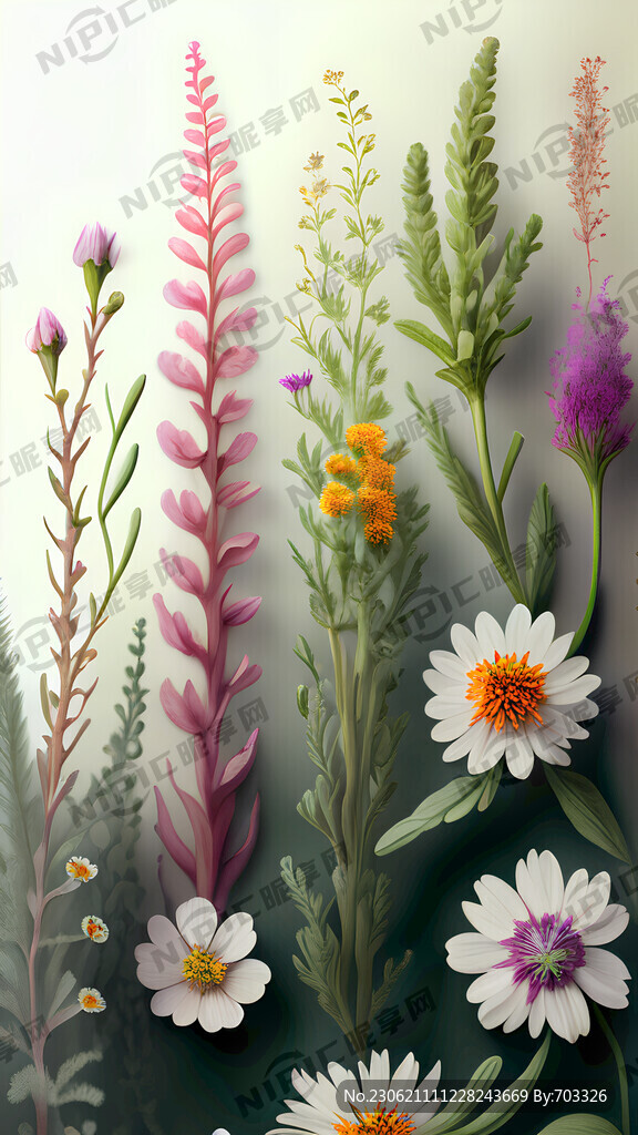 白底药用花草植物描边组合背景