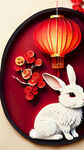 衍纸艺术，春节，可爱兔子，唯美红色，红梅，红灯笼，高清，创意构图