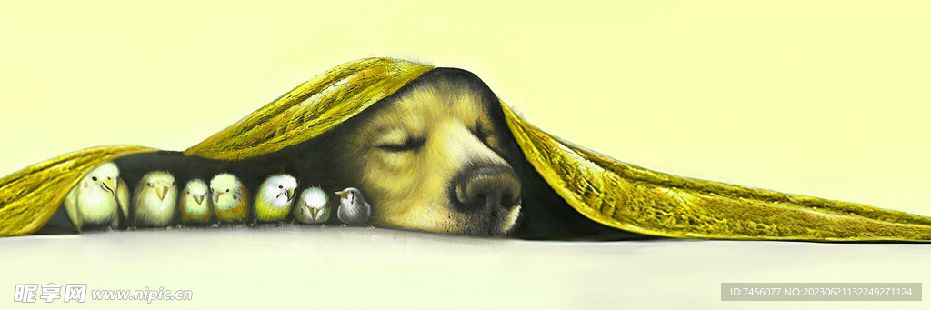 毛毯下狗和小鸡艺术挂画装饰画