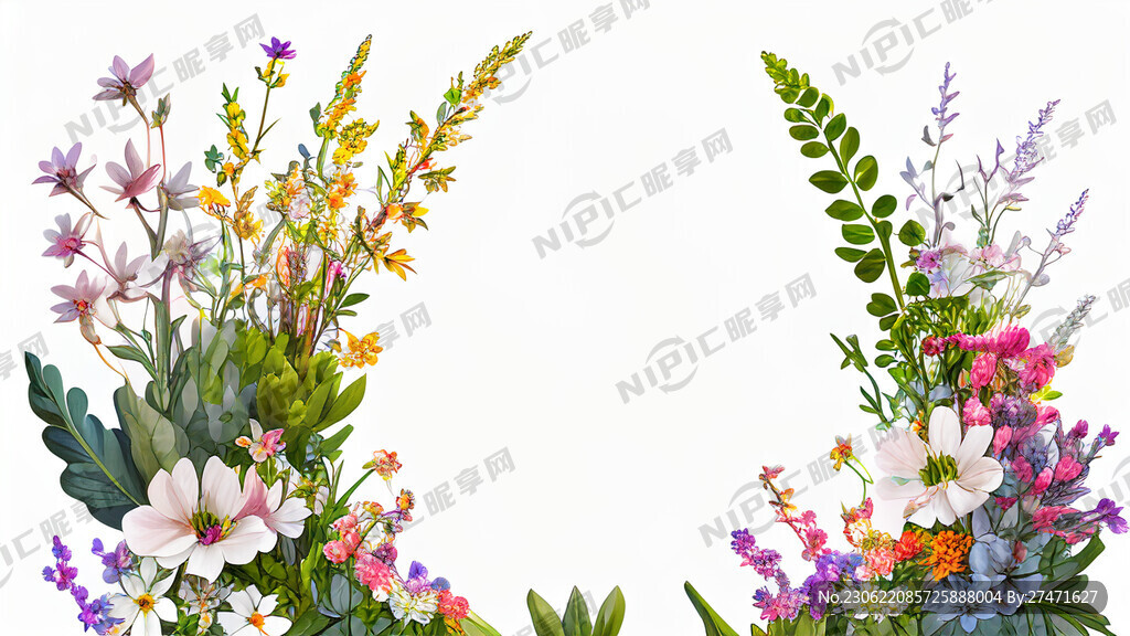 白色背景一横排很多花束植物左高
