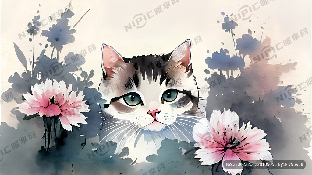 可爱的猫咪在花丛中