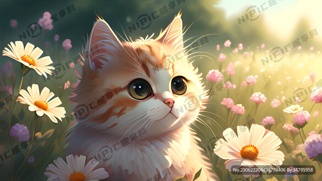 可爱的猫咪在花丛中