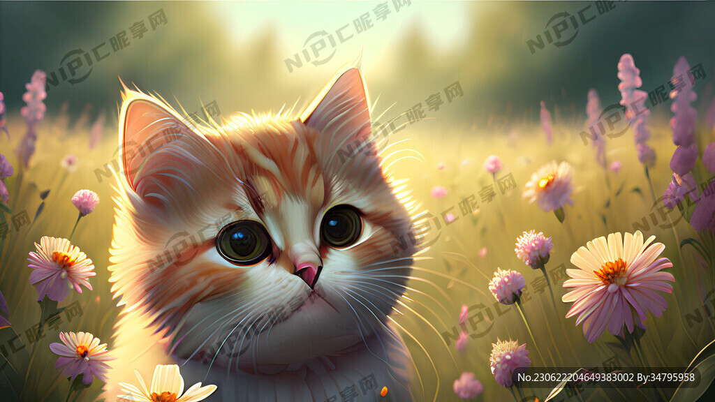 可爱的猫咪在花丛中