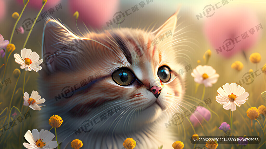 可爱的猫咪在花丛中